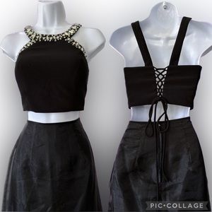 NWT Blondie Nights Black Open Back Lace Up Gemstone Crop Top size 5